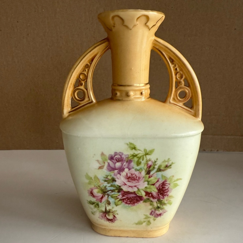 Antique Austrian Bisque Porcelain Bud Vase Pink Roses Cut Out Handles Gold Trim